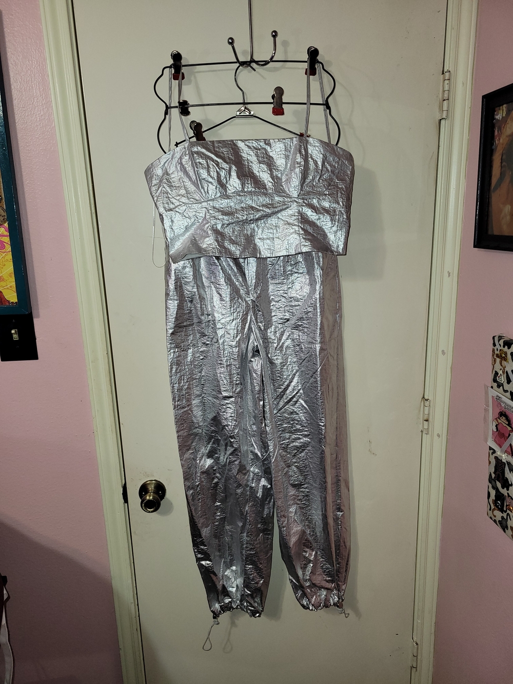 Zara Silver Metallic Strapless Jumpsuit with Ankle Ties